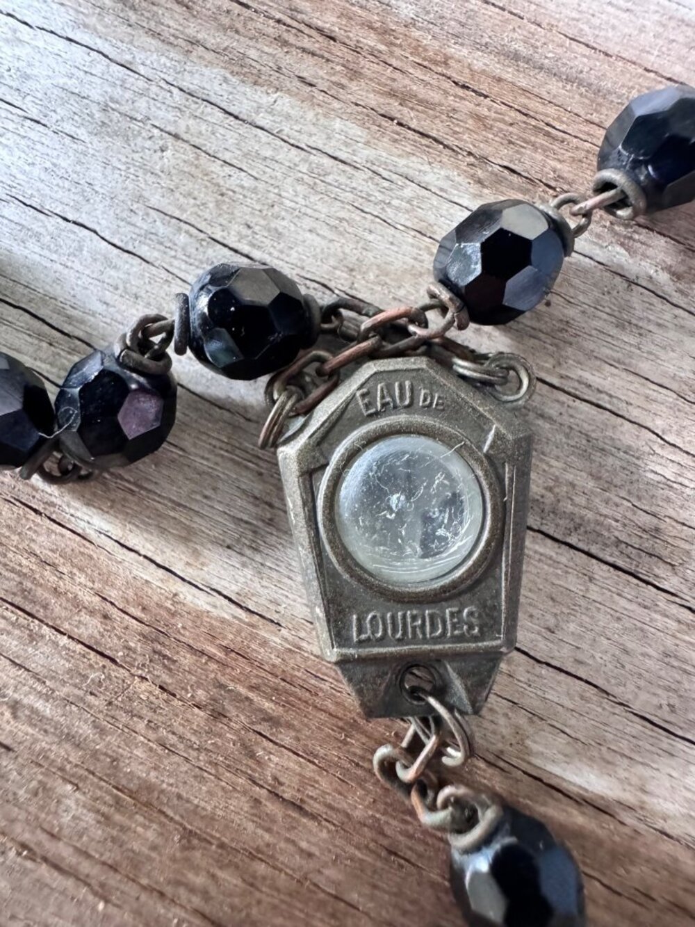 Vintage Lourdes Rosary EAU DE LOURDES Holy Water Relic Black Faceted Glass Beads - Picture 3 of 8